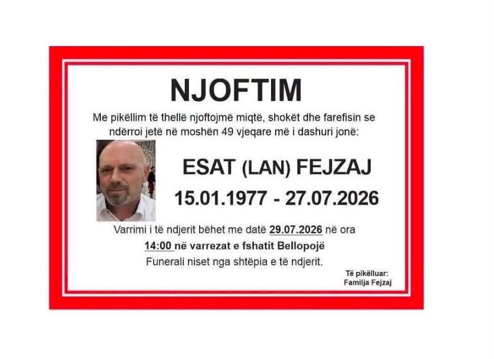 Sot do të varroset 49-vjeçari Esat Fejzaj, i cili humbi jetën në një aksident të rëndë trafiku që ka ndodhur paraditen e së hënës në fshatin Bellopojë të Istogut, ku një motoçiklist ka humbur jetën pas përplasjes me një kamion për bartjen e mbeturinave. Sot do të varroset 49-vjeçari Esat Fejzaj, i cili humbi jetën në një aksident të rëndë trafiku që ka ndodhur paraditen e së hënës në fshatin Bellopojë të Istogut, ku një motoçiklist ka humbur jetën pas përplasjes me një kamion për bartjen e mbeturinave.